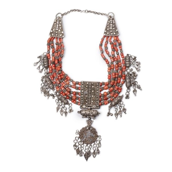 Silver and Coral Bib Necklace