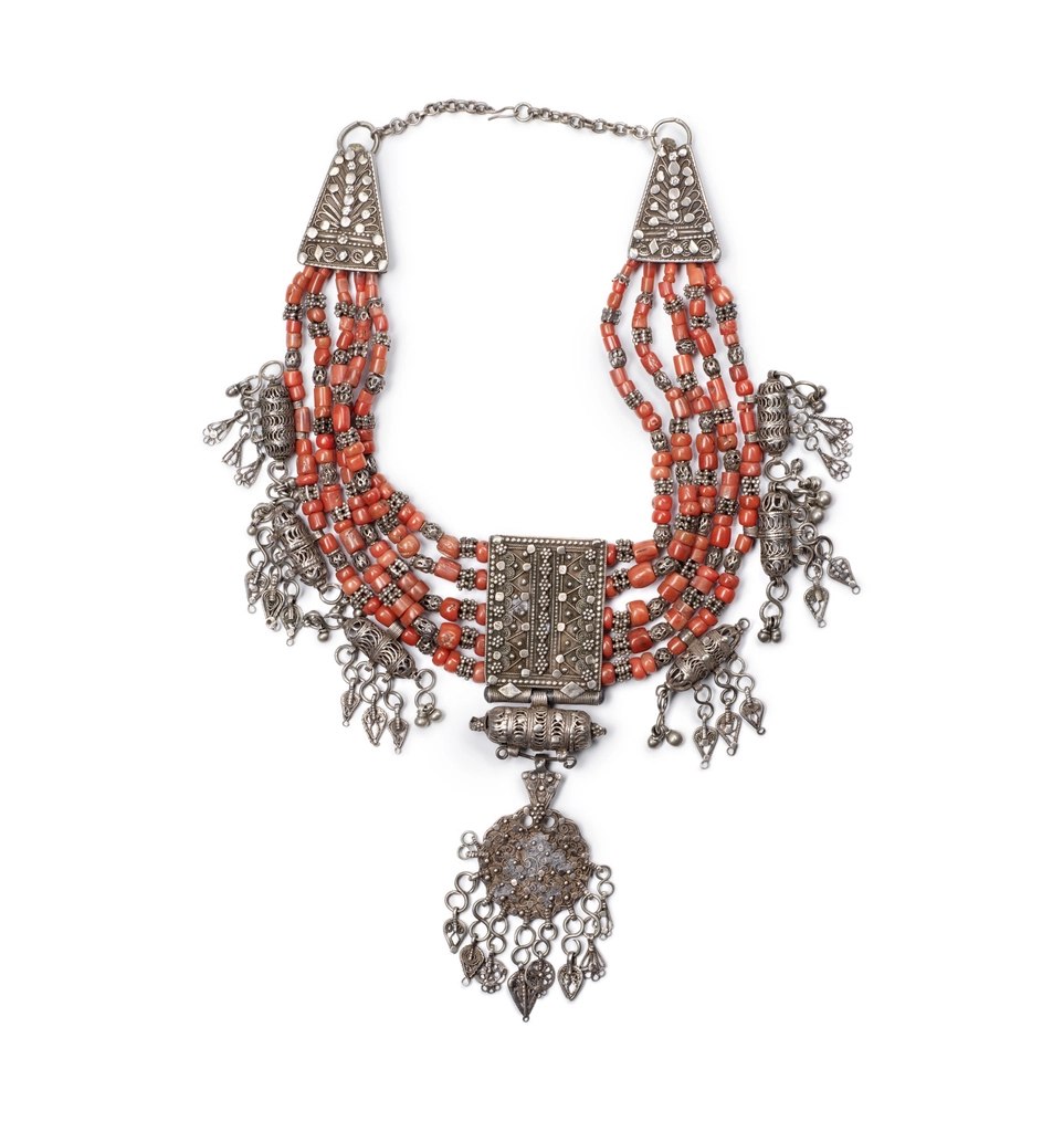 Silver and Coral Bib Necklace