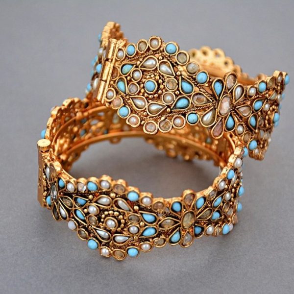 Turquoise and Seed Pearl Bangle Pair