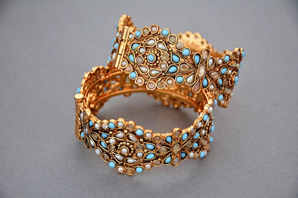 Turquoise and Seed Pearl Bangle Pair